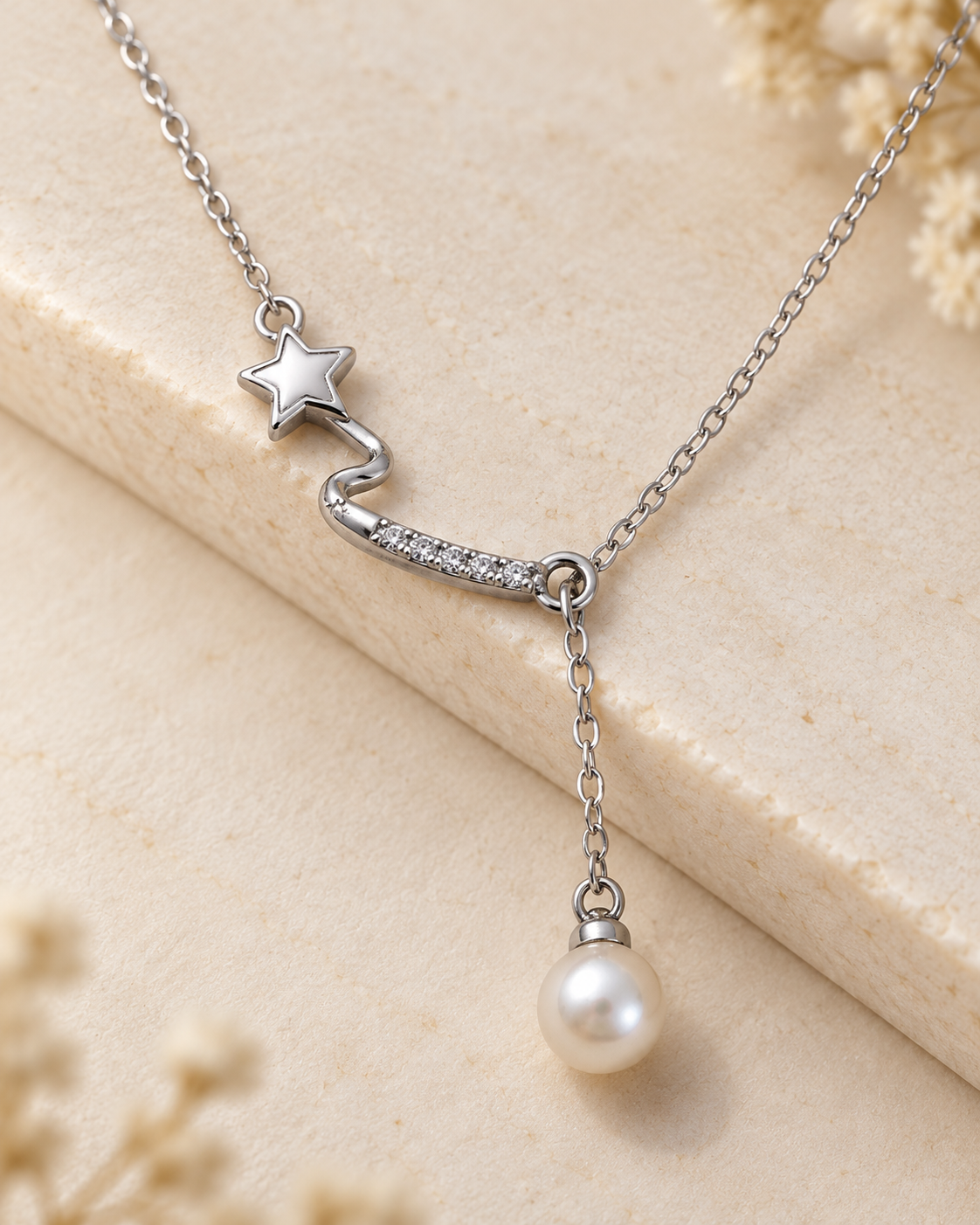 Collier femme argent 925 S925 étoile filante et perle blanche pendante