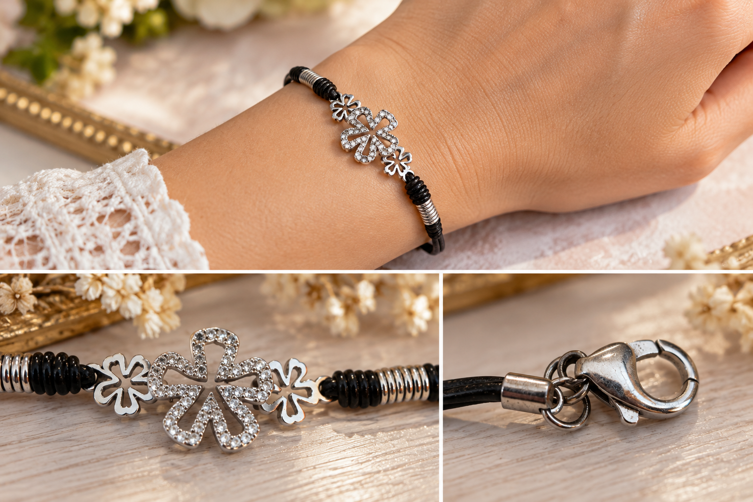 Bracelet femme argent 925 – Cordon noir et 3 fleurs ajourées — photo 5