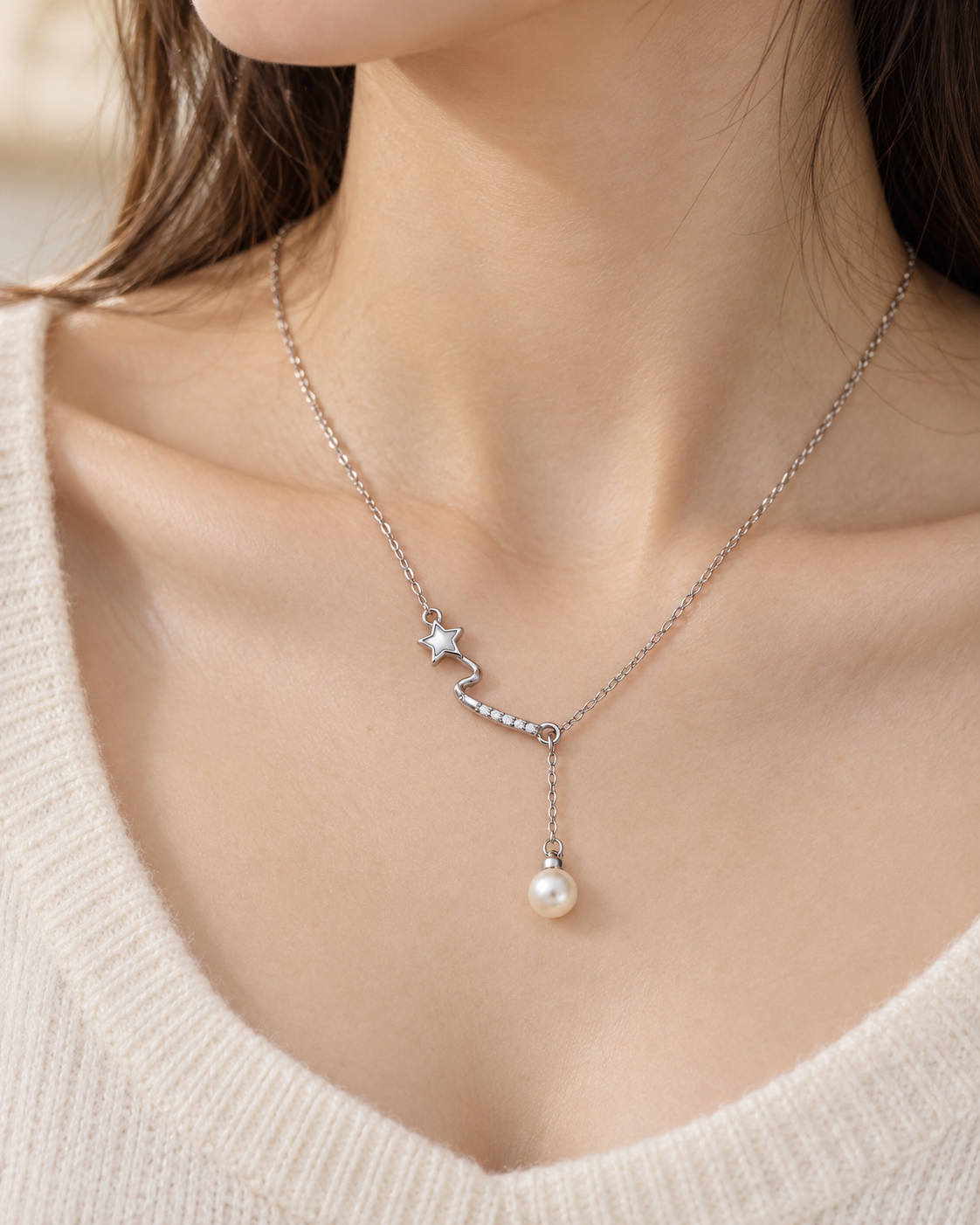 Collier femme argent 925 S925 étoile filante et perle blanche pendante — photo 2