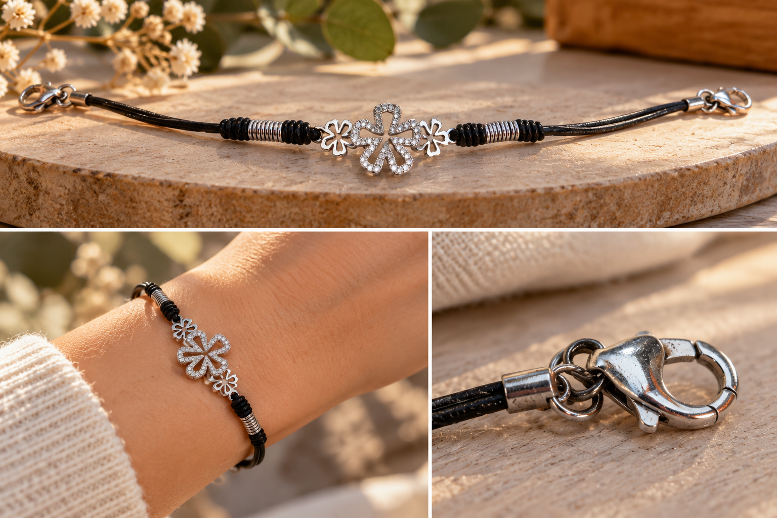 Bracelet femme argent 925 – Cordon noir et 3 fleurs ajourées — photo 4