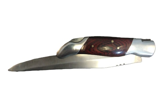 Couteau pliant marqué Laguiole – Manche rouge veiné – Étui marron