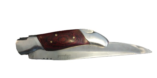 Couteau pliant marqué Laguiole – Manche rouge veiné – Étui marron — photo 2